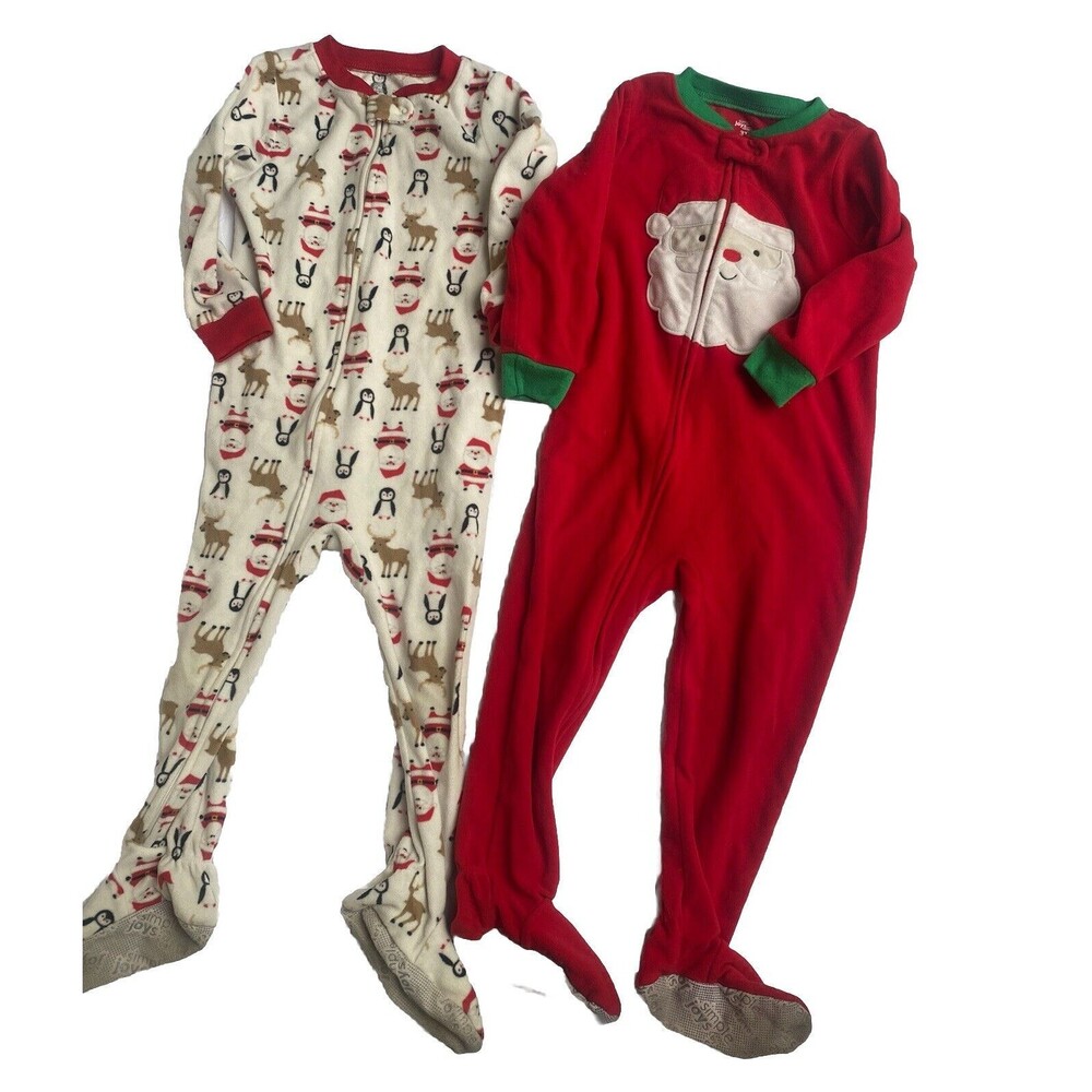 Carters Christmas Fleece Red & White Pajamas Size 3T One-piece Unisex Lot Of 2!